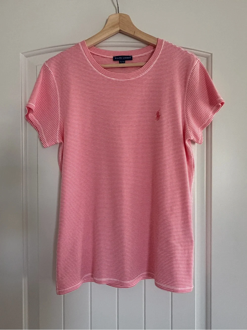 Ralph Lauren Youth XL Women’s XS Baby Pink Striped Crewneck Tee Pink Pony Logo